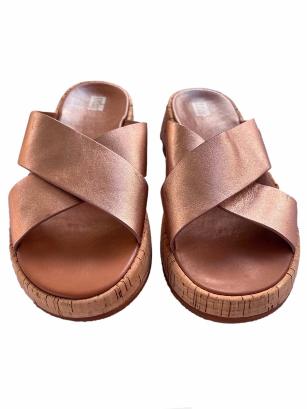 FitFlop F-Mode Rose Gold Size 8 Metallic Leather Cork Flatform Slide Sandal